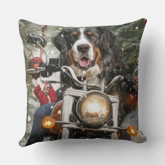 Greater Swiss Mountain Riding Motorcycle Christmas Cushion (Back)