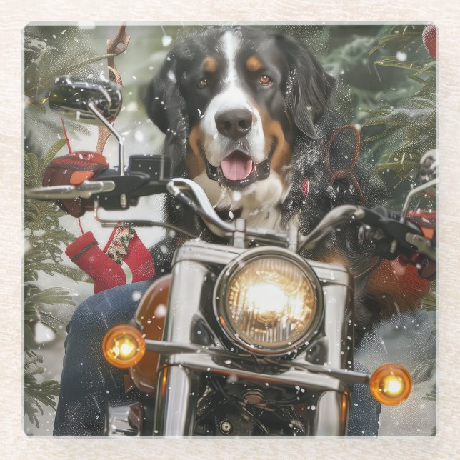 Greater Swiss Mountain Riding Motorcycle Christmas Glass Coaster (Front)