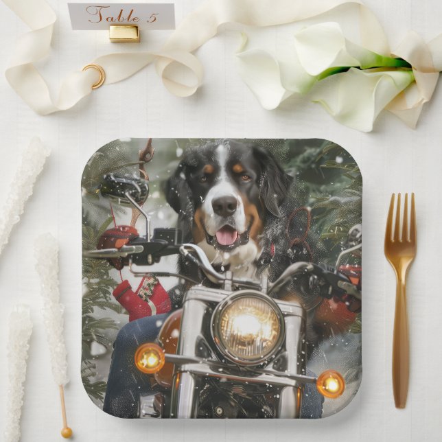 Greater Swiss Mountain Riding Motorcycle Christmas Paper Plate (Wedding)
