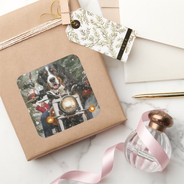 Greater Swiss Mountain Riding Motorcycle Christmas Square Sticker (Gifting)