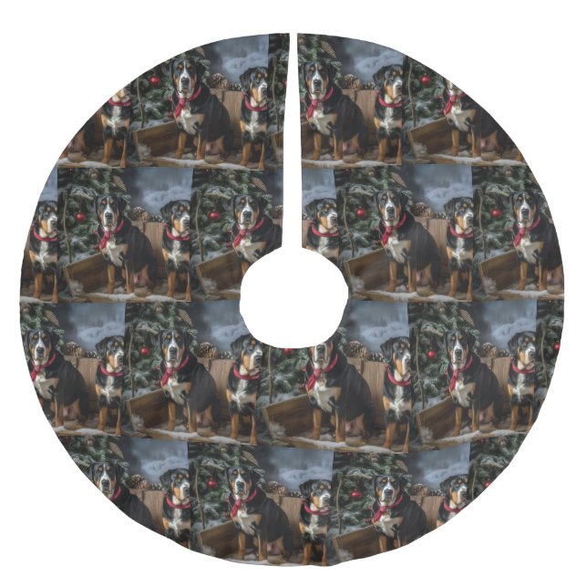 Greater Swiss Mountain Snowy Sleigh Christmas  Brushed Polyester Tree Skirt (Front)