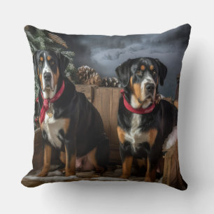 Greater Swiss Mountain Snowy Sleigh Christmas Cushion