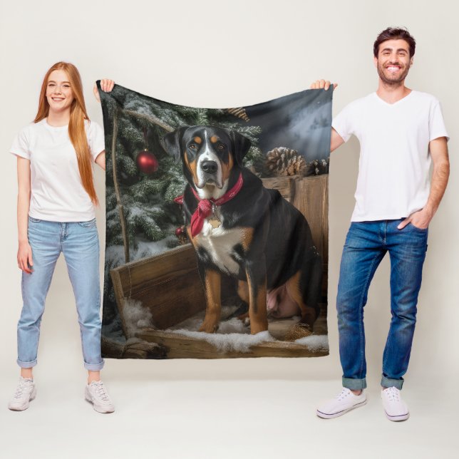 Greater Swiss Mountain Snowy Sleigh Christmas  Fleece Blanket (In Situ)