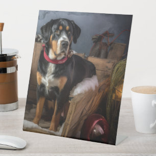 Greater Swiss Mountain Snowy Sleigh Christmas Pedestal Sign