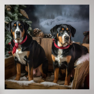 Greater Swiss Mountain Snowy Sleigh Christmas  Poster