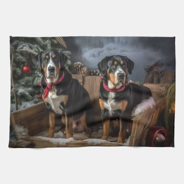 Greater Swiss Mountain Snowy Sleigh Christmas  Tea Towel (Horizontal)