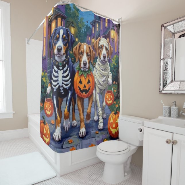 Greater Swiss Mountain Trick-or-Treating Halloween Shower Curtain (In Situ)