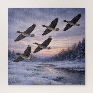 Greater White-fronted Geese at Winter Sunset Jigsaw Puzzle