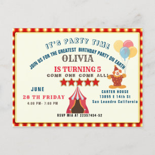 GREATEST 5TH BIRTHDAY PARTY CIRCUS THEME POSTCARD