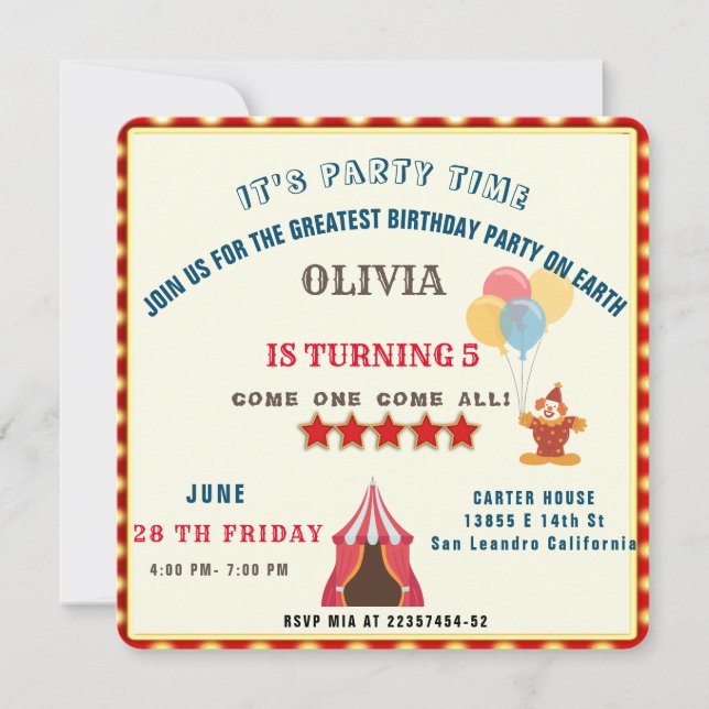 GREATEST 5TH  Birthday Party Circus THEME Save The Date (Front)