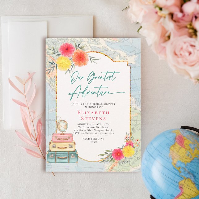 Greatest Adventure Floral Pink Teal Travel  Bridal Invitation (travel bridal shower invitation floral watercolor world map suitcases elegant pink teal)