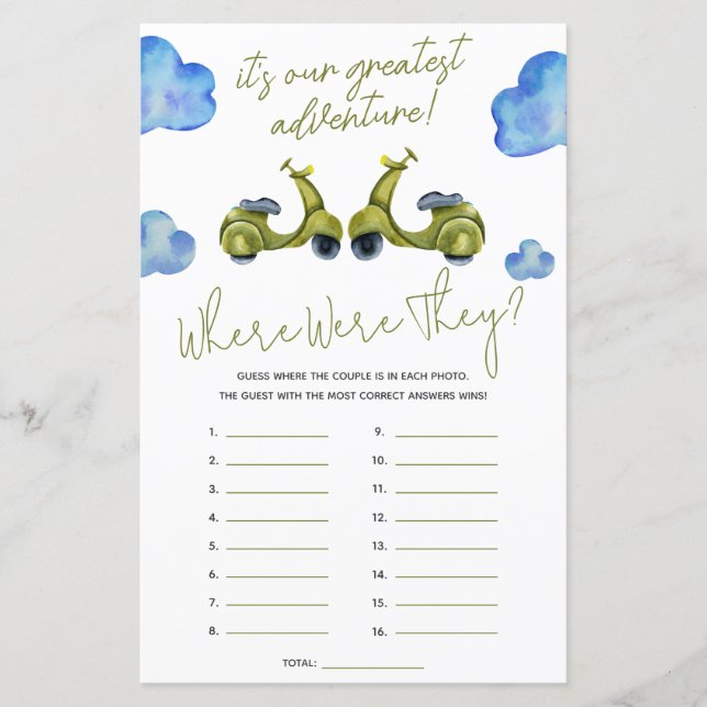 Greatest Adventure, Scooter, Bridal Shower Game (Front)