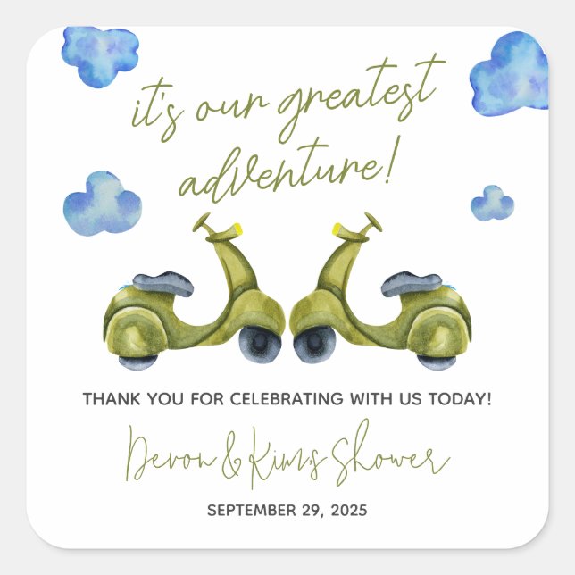 Greatest Adventure, Scooter, Couples Bridal Shower Square Sticker (Front)