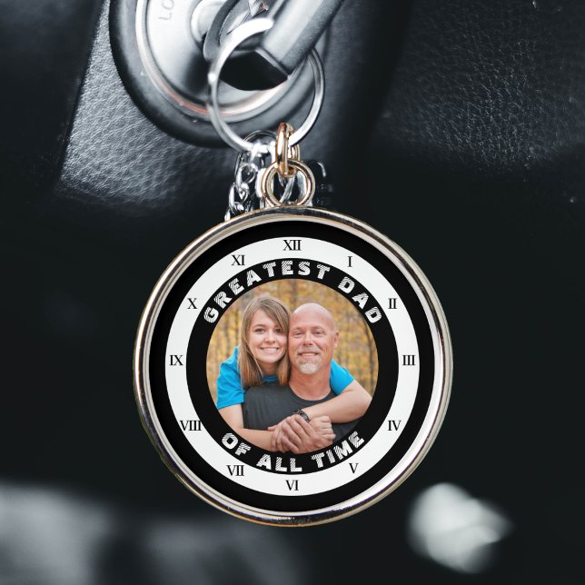 Greatest Dad of All Time GOAT Clock Family Photo Key Ring (greatest dad of all time roman numeral clock round silver keychain)