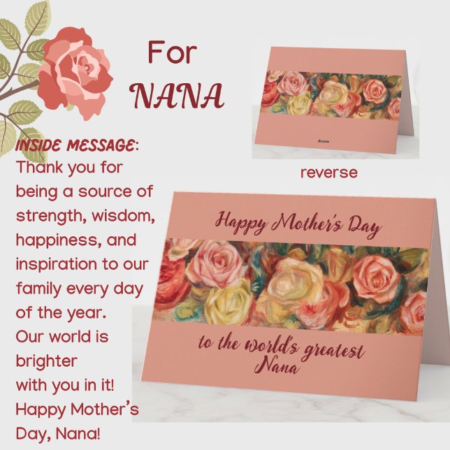 'Greatest Nana' Mother's Day Floral Roses Custom Card (A beautiful floral roses Mother's Day card for your special Nana (grandmother)! Customizable.)
