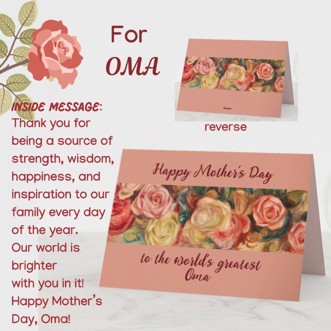 'Greatest Oma' Mother's Day Dutch/German Grandma Card (A beautiful floral roses Mother's Day card for your special Oma (grandmother)! Customizable.)