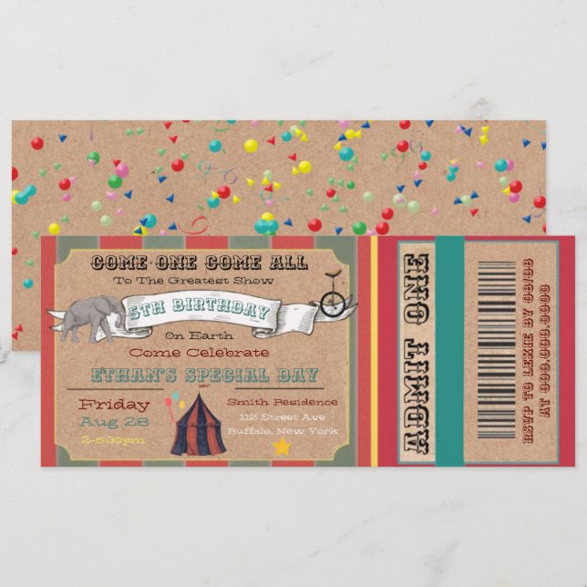 Greatest Show On Earth Circus Ticket Birthday Invitation (Front/Back)