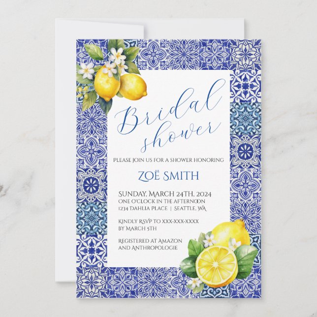 Grecian Blue and Lemon Bridal Shower Invitation (Front)