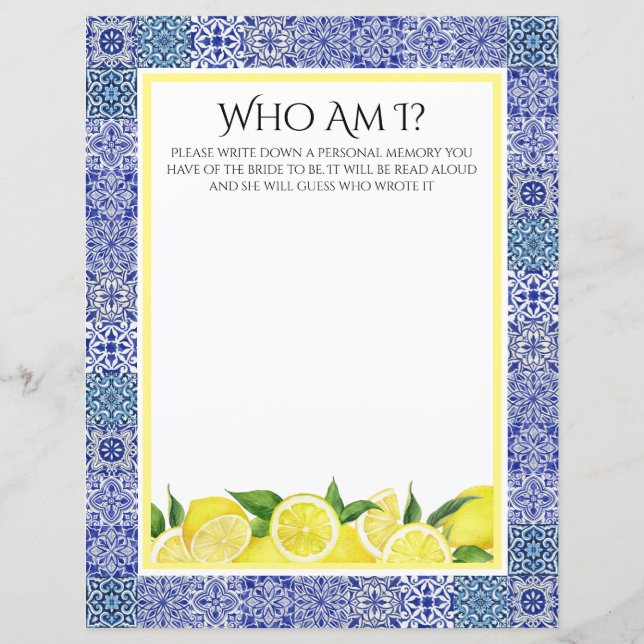 Grecian Blue and Lemon "Who Am I" Shower Game (Front)