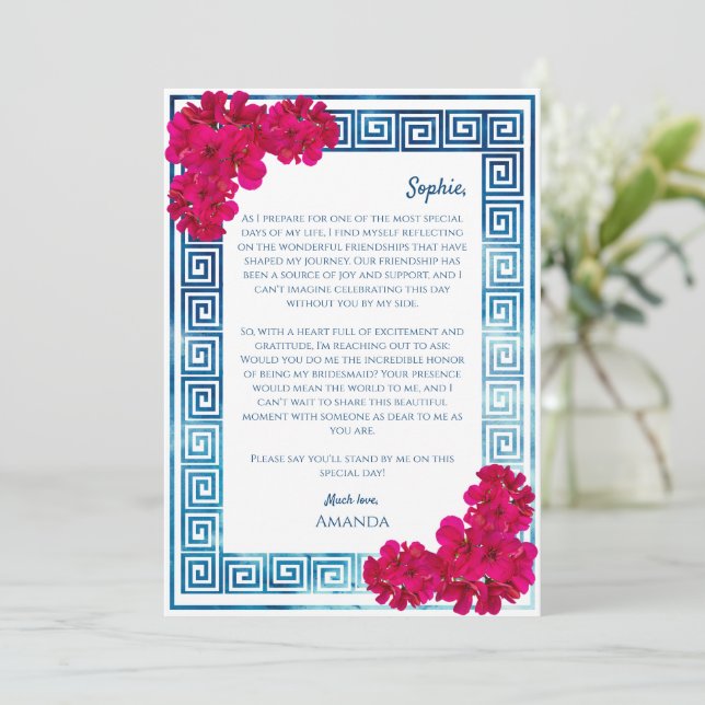 Grecian Elegance Pink Will You Be My Bridesmaid  Holiday Card (Standing Front)