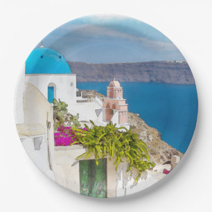 Grecian Paradise. Watercolor painting of Santorini Paper Plate