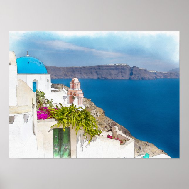 Grecian Paradise. Watercolor painting of Santorini Poster (Front)