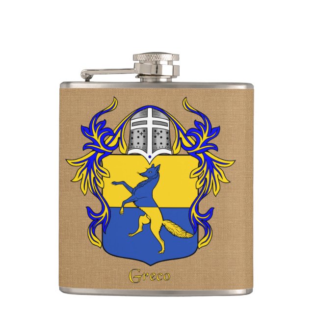 Greco Heraldic Shield with Helm and Mantle Hip Flask (Front)