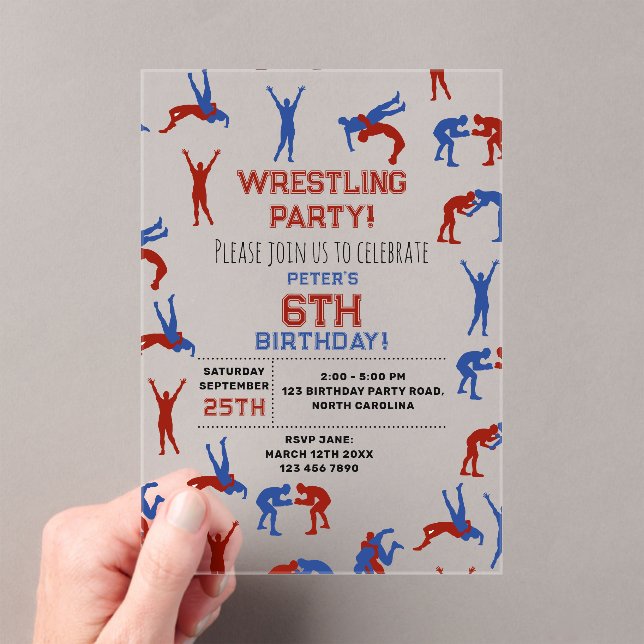 Greco Roman Freestyle Wrestling Birthday Party Acrylic Invitations (Insitu (Handheld))