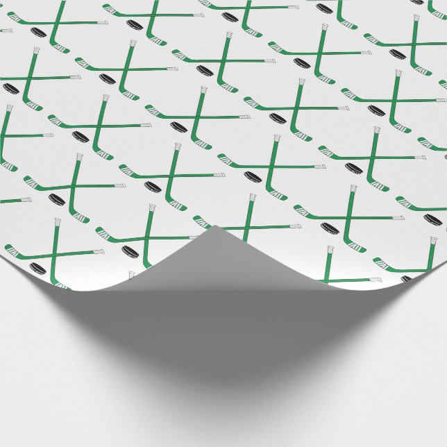 Gree Crossed Hockey Sticks and Puck Wrapping Paper (Corner)