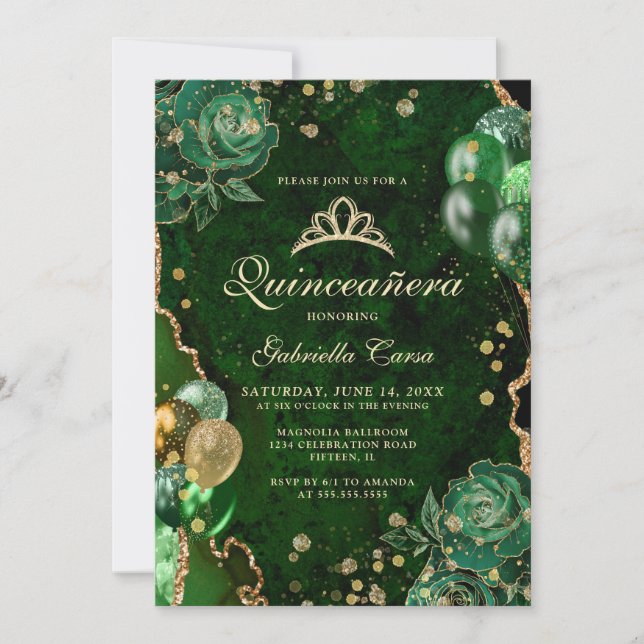 Gree Gold Floral Agate Photo Quinceanera Invitation (Front)