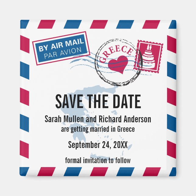 Greece Air Mail Wedding Save the Date Magnet (Front)