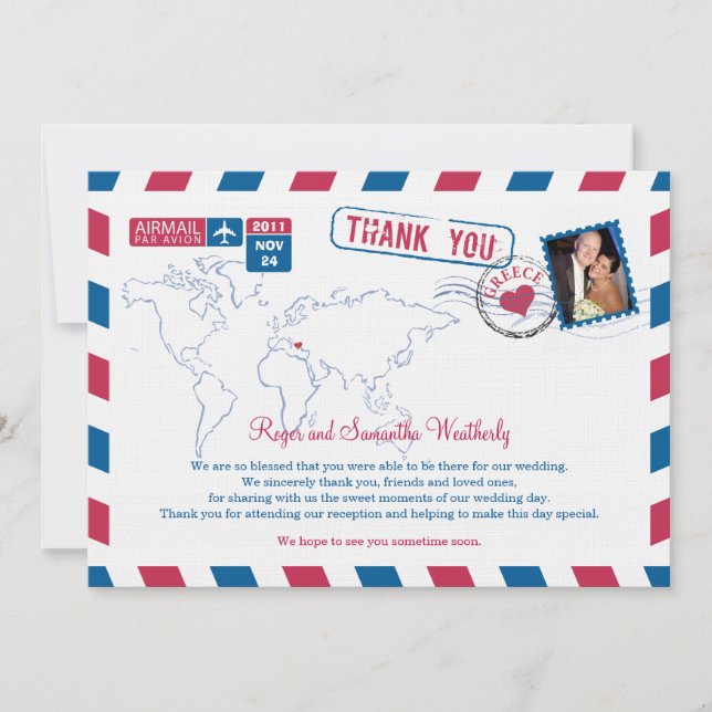 Greece Air Mail Wedding Thank You Invitation (Front)