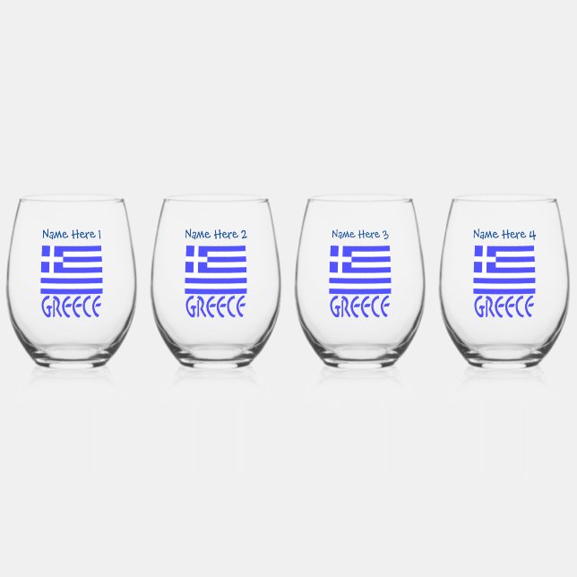 Greece and Greek Flag Blue Personalisation  Stemless Wine Glass (Front)