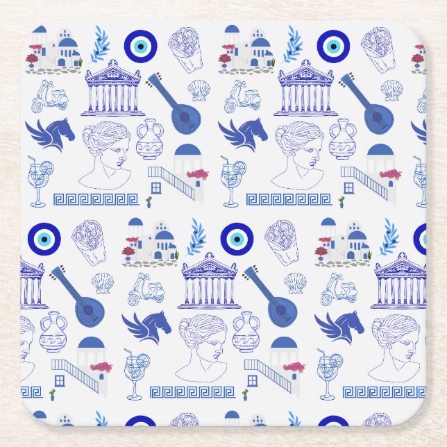 Greece Blue and White Square Paper Coaster (Front)