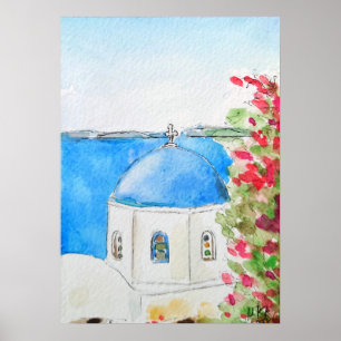 Greece blue church ink and watercolor poster