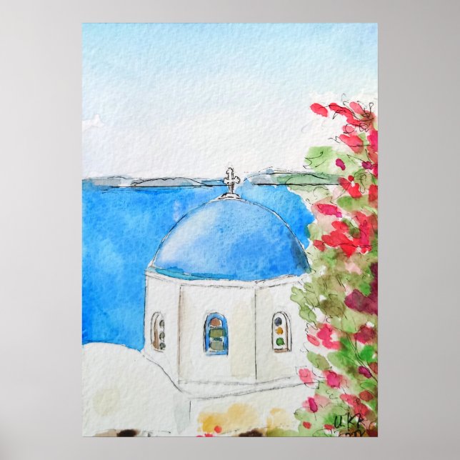 Greece blue church  ink and watercolor  poster (Front)