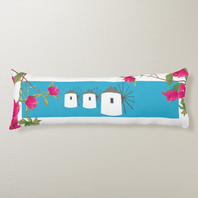 Greece Bougainvillea Greek Island Windmills Body Cushion (Front)