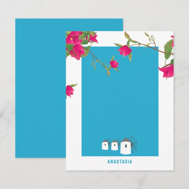 Greece Bougainvillea Greek Island Windmills Name Card (Front/Back)