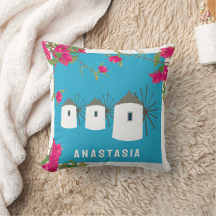 Greece Bougainvillea Greek Island Windmills Name Cushion