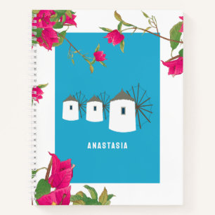 Greece Bougainvillea Greek Island Windmills Name Notebook