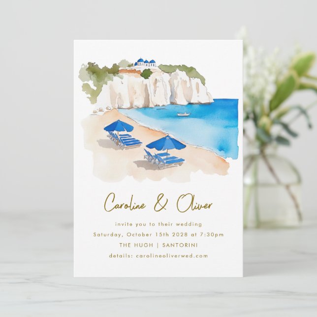 Greece Coastal Watercolor Destination Wedding Invitation (Standing Front)