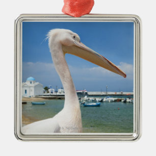 Greece, Cyclades Islands, Mykonos, Pelican on Metal Tree Decoration
