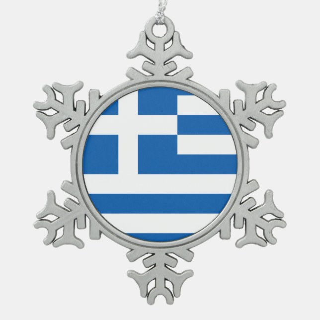 Greece Flag Greek Patriotic Snowflake Pewter Christmas Ornament (Front)