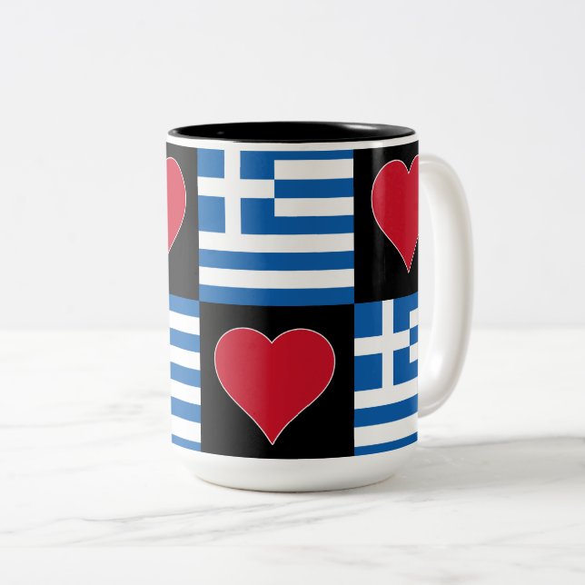 Greece Flag Heart Pattern Patriotic Greek Pride Two-Tone Coffee Mug (Front Right)
