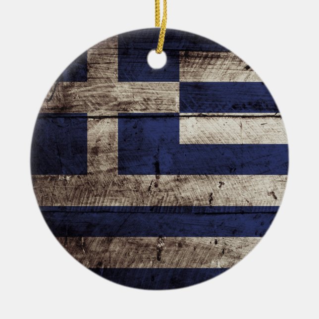 Greece Flag on Old Wood Grain Ceramic Tree Decoration (Front)
