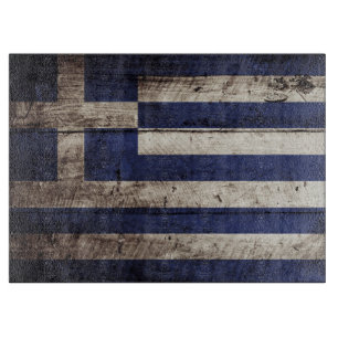 Greece Flag on Old Wood Grain Cutting Board