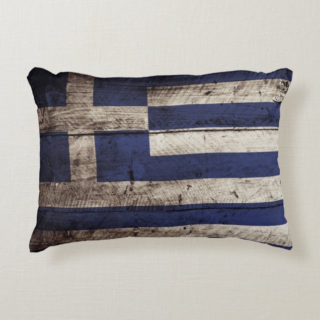 Greece Flag on Old Wood Grain Decorative Cushion (Front)
