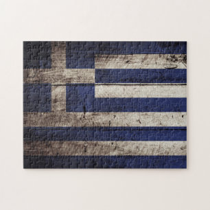 Greece Flag on Old Wood Grain Jigsaw Puzzle