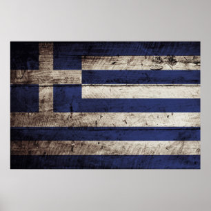 Greece Flag on Old Wood Grain Poster