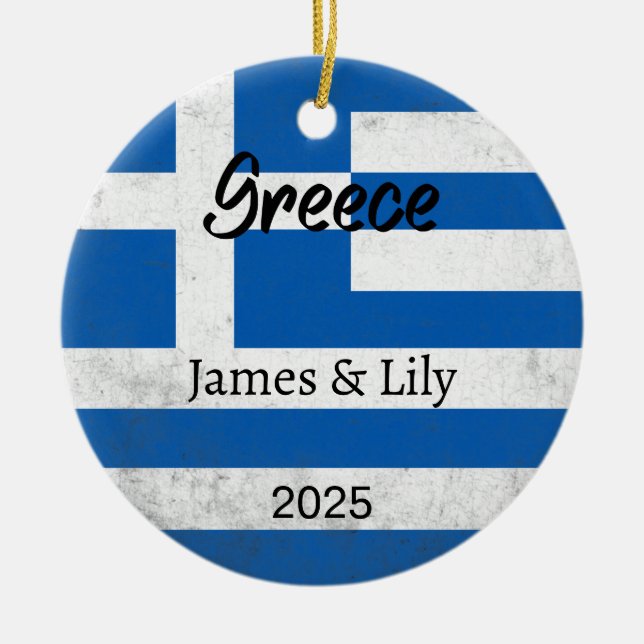 Greece Flag Ornament, Personalised Greece Ceramic Tree Decoration (Front)